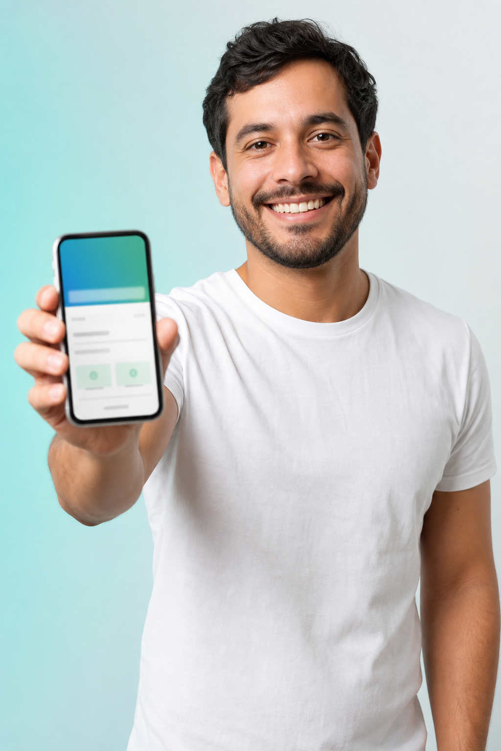 Atendente sorrindo com o celular na mão